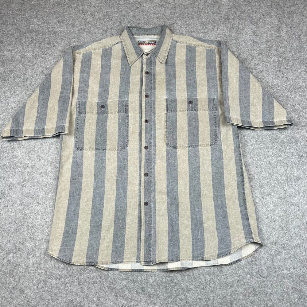 Vintage Shah Safari Sportswear Mens Gray Striped Short Sleeve Button Up Shirt